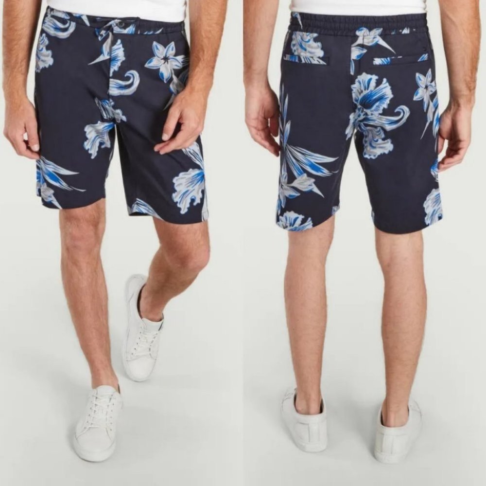 NEW‎ NN07 No Nationality Seb Shorts Navy Print Size 38 Beach Floral Drawstring